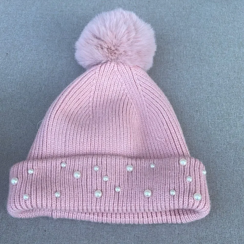 Zara Kids light pink beanie hat pompom faux pearls